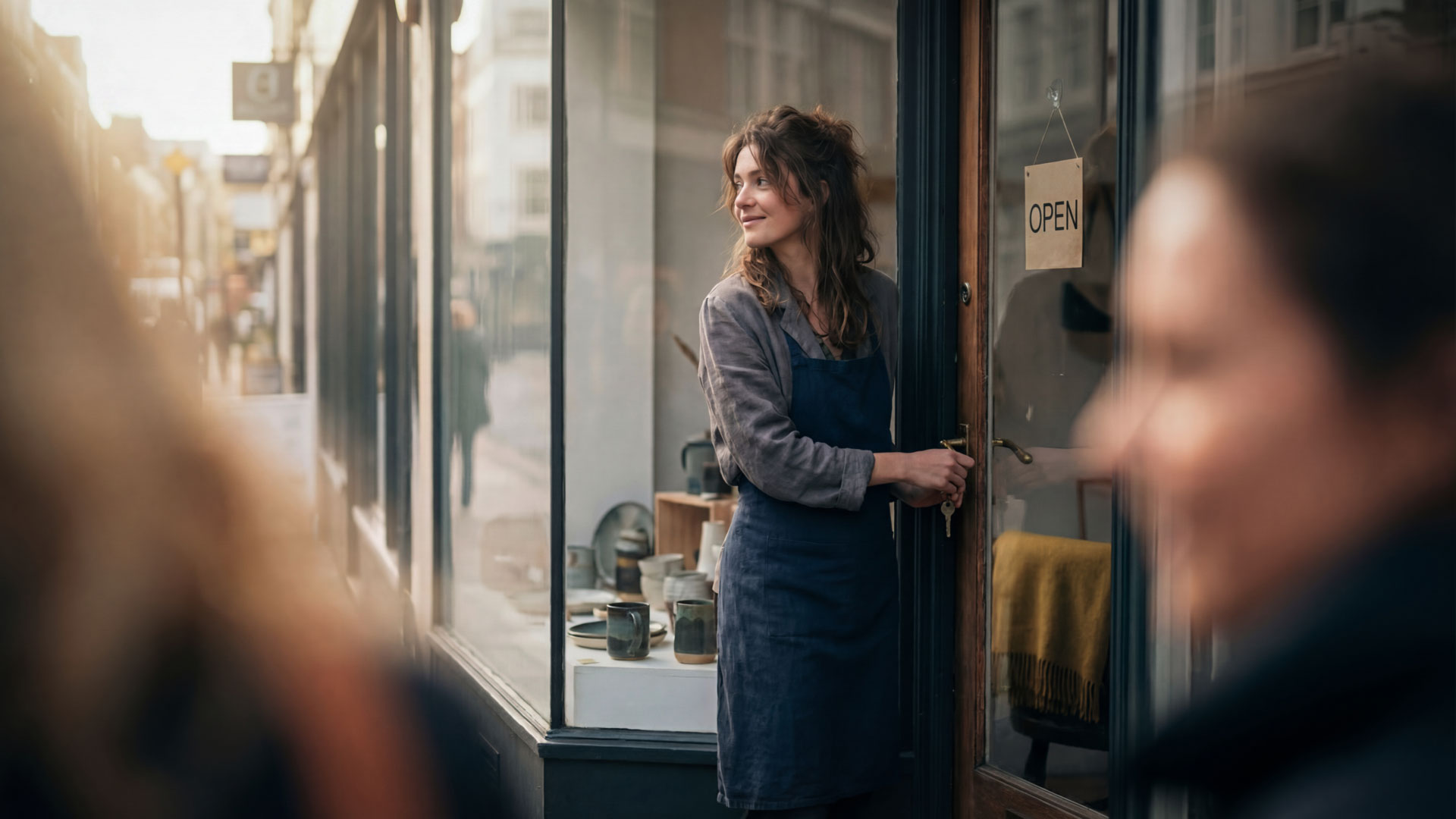 Bedriftseieråpner butikken sin.