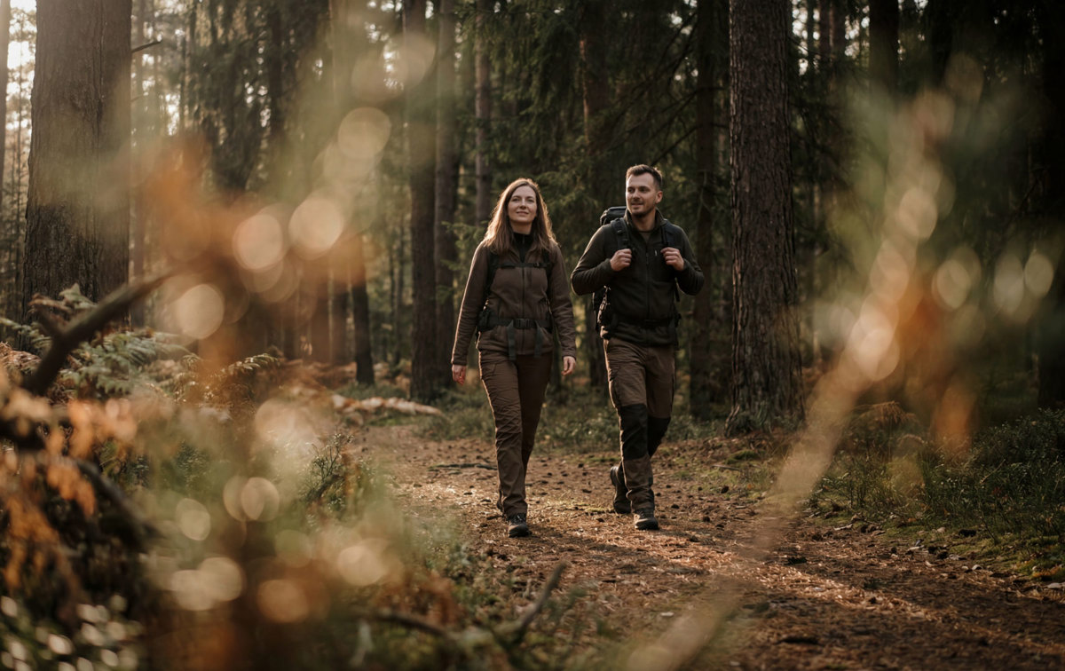 Ett par som går på tur i skogen