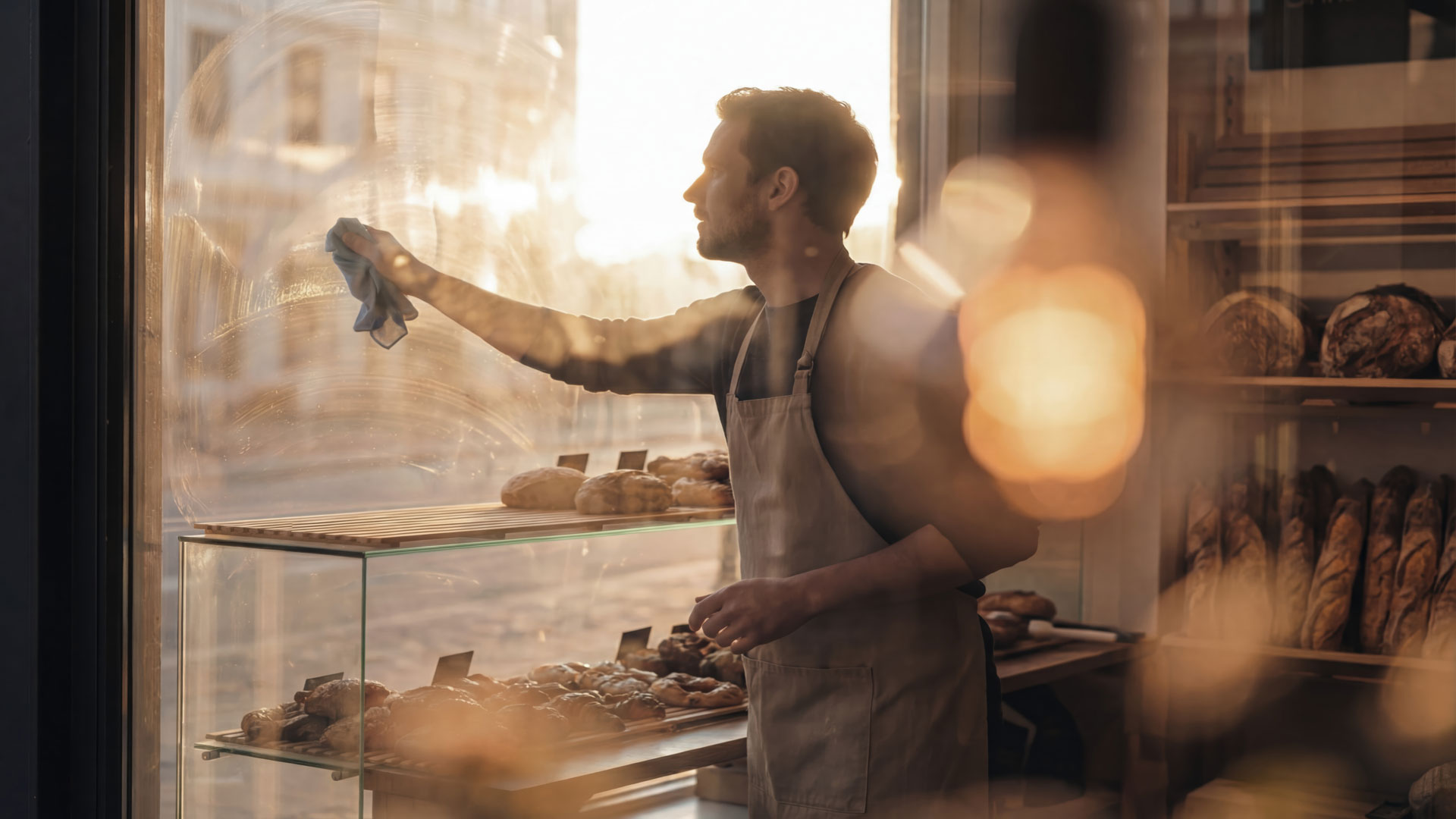 Bedriftseier pusser vinduene i bakeriet.